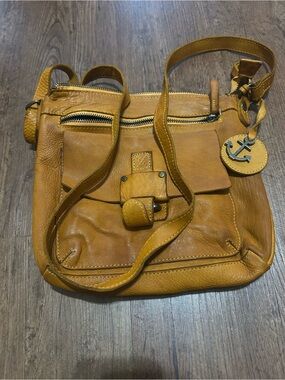 Leather Crossbody Bag in Mustard Yellow with Front Buckle‎ Pocket